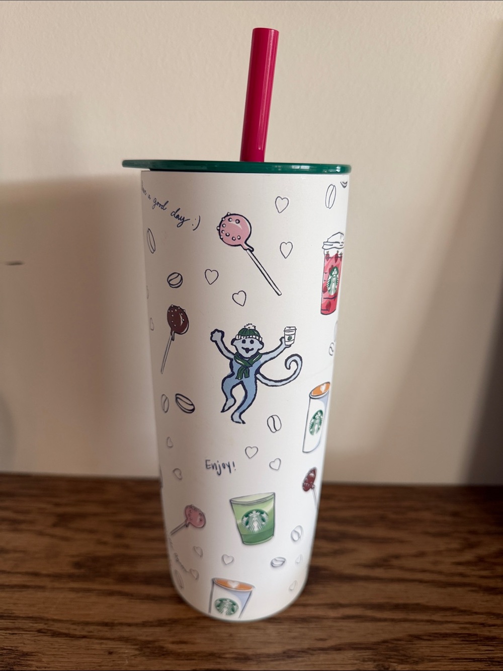 Starbucks White Tumbler with Pink Straw and Green Trim